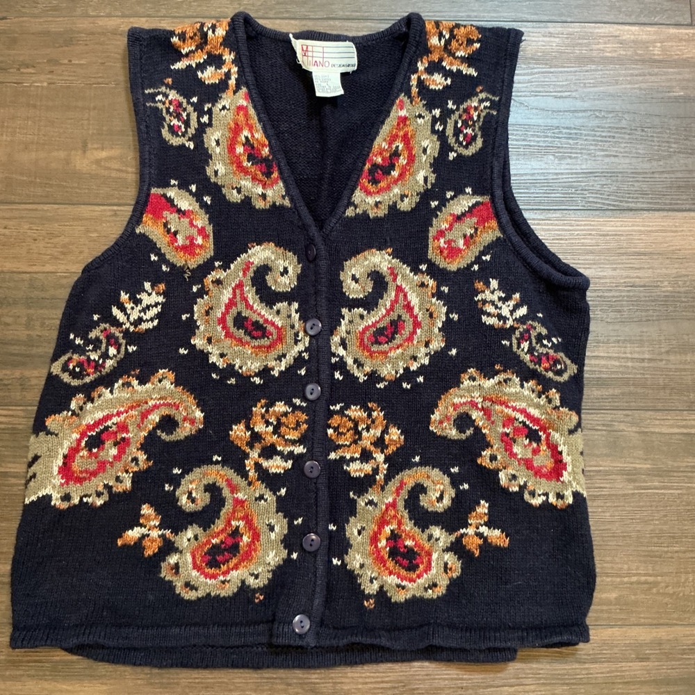Milano Design Group Paisley Knit Vest Navy Blue Button Front Large Vintage Boho